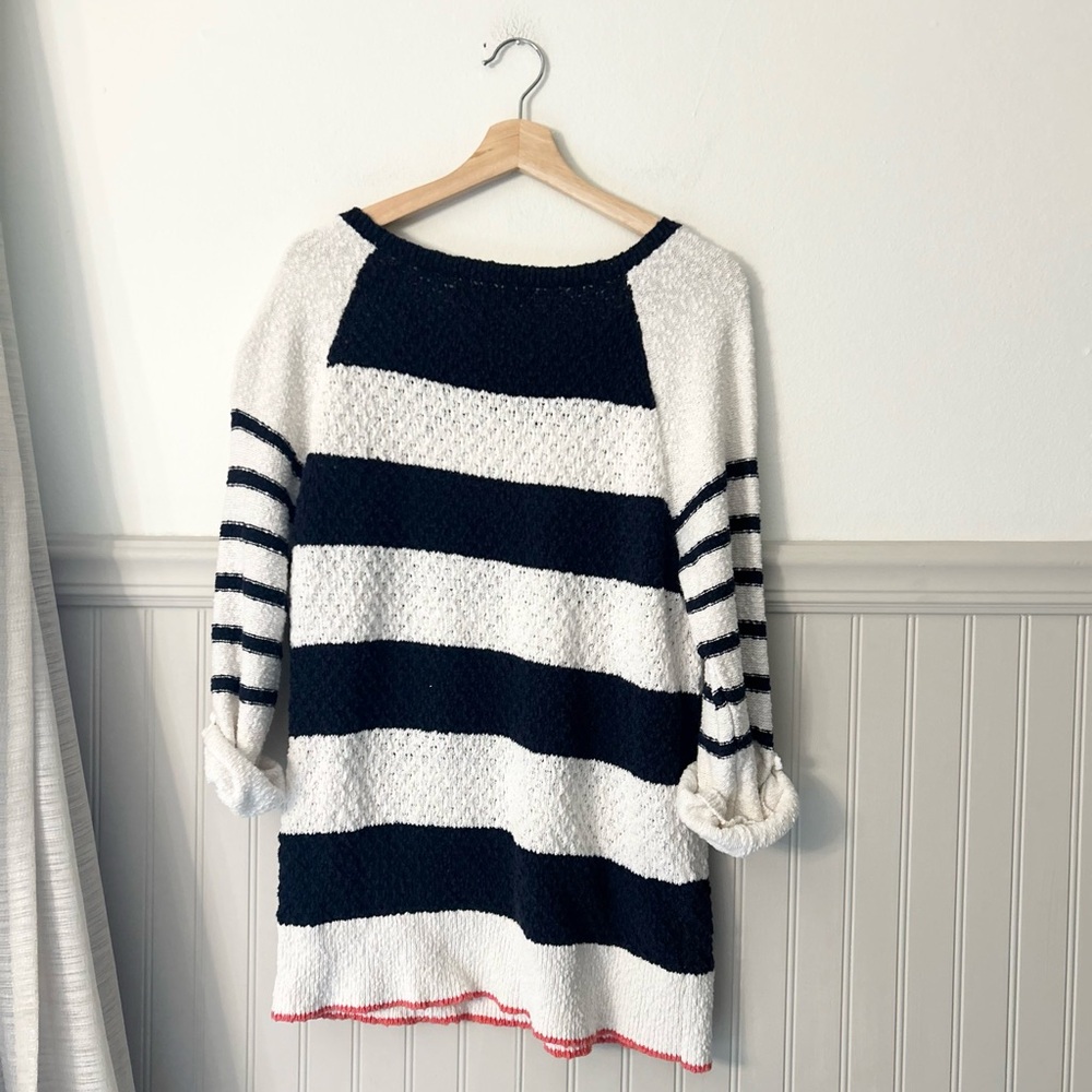 LOFT Large Navy & White Striped Bouclé Cotton Knit Rolled Sleeve Sweater
